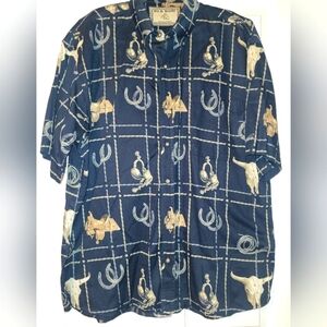 Bit & Bridle Men's Short Sleeve Button Down Shirt Size Large Black Tan Horseshoe
